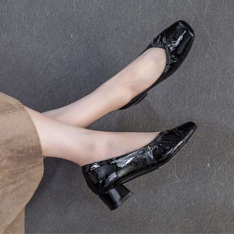 Johnature Square Toe Office Lady Pumps Genuine Leather Fashion Thick Heeled Slip-on Women's Shoes