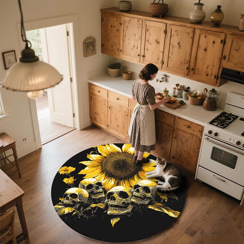 Sunflower and Skull,Round Area Rug,Carpet Rug for Living Room Bedroom Sofa Playroom Decor,Non-slip Floor Mat