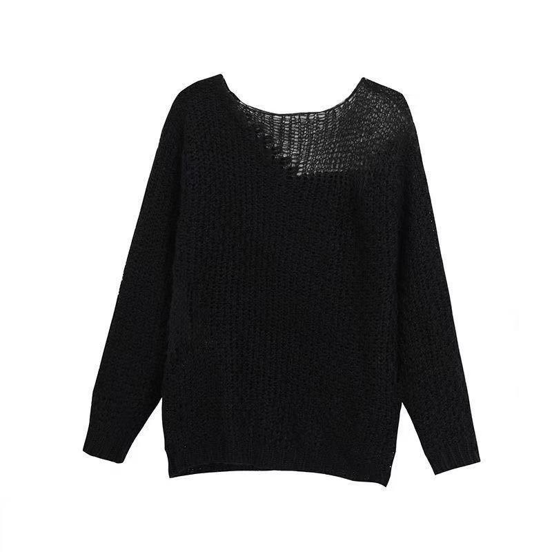 Sweater Women's Medium and Long Loose Spring and Autumn Knitted Sweater Lazy Wear One-word Shoulder Off-the-shoulder Top