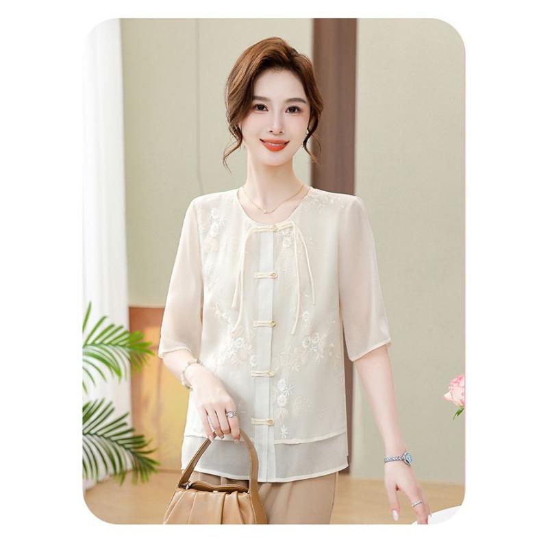 Bluză Casual Verde Deschis pentru Femei, cu Gât Rotund, Mânecă Scurtă, Nasturi Tip Broscuță, Broderie Florală, Croială Largă