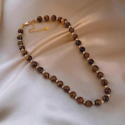 Collier Maillard rétro en perles d'œil de tigre naturelles - Pièce tendance chic pour femme, automne/hiver