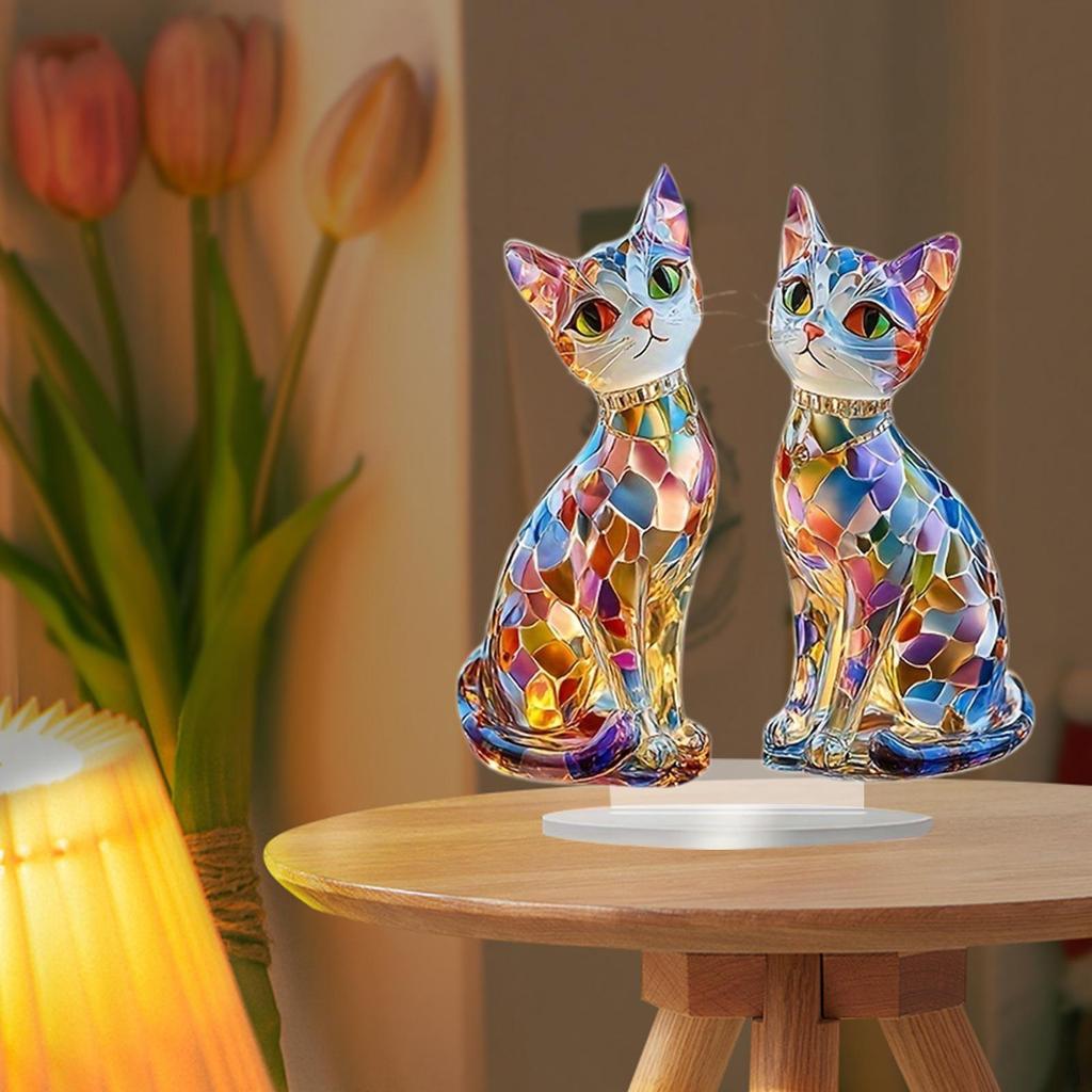 2D Cat Acrylic Sign, Decorative Plaque Colorful Creative Kitten Ornament with Base for Living Room