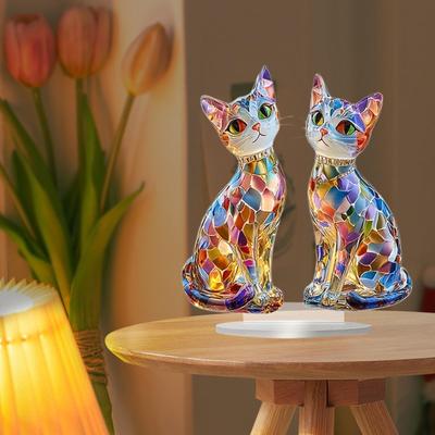 2D Cat Acrylic Sign, Decorative Plaque Colorful Creative Kitten Ornament with Base for Living Room