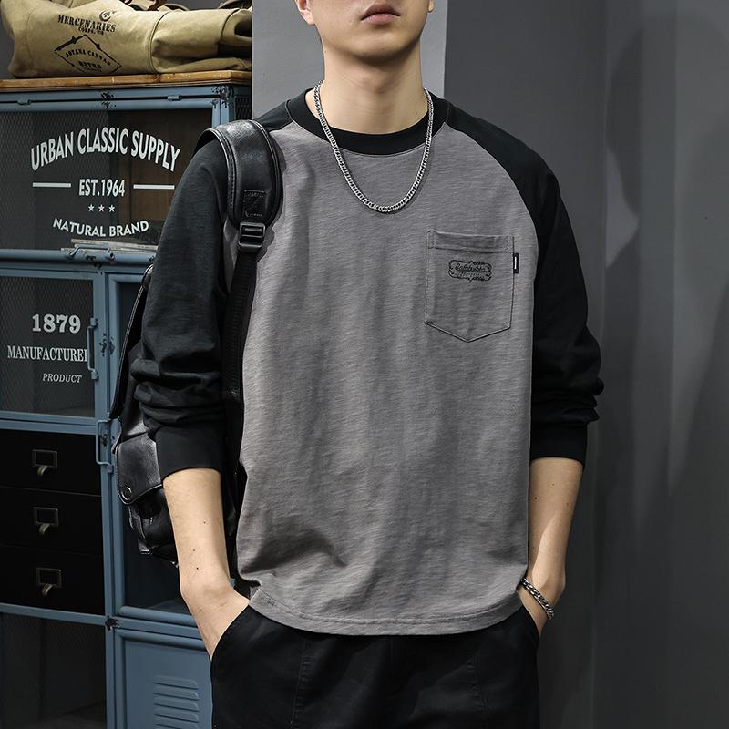

Футболка с длинным рукавом из плотного бамбукового хлопка на весну и осень, мужской свободный топ с американским карманом, осенний контрастный цвет, рваный свитер XL