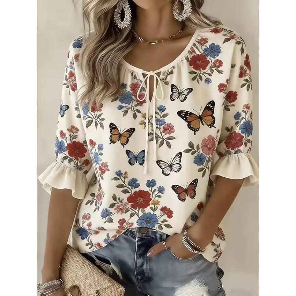 Women's Lavender Floral Print Tie Neck Blouse, Casual Loose Tops for Spring Summer Daily Wear Vacation Occasions