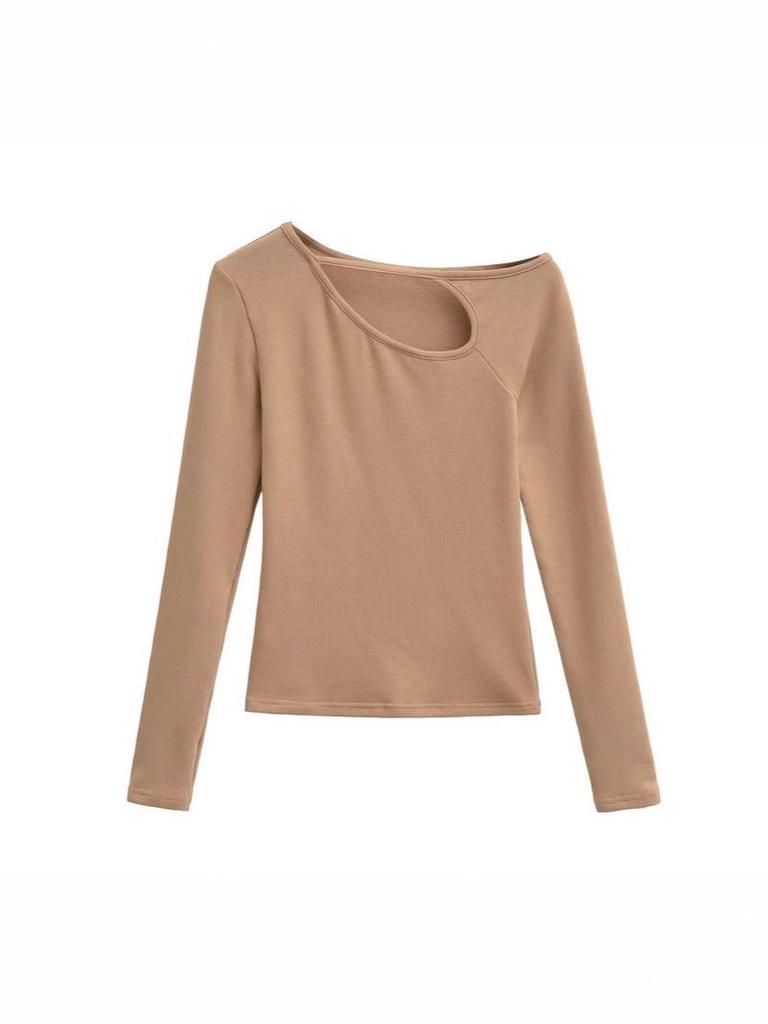 Design Sense Oblique Neckline Hollow Long-Sleeve Slim-Fit Velvet Top for Women - Autumn/Winter Sexy Base Layer
