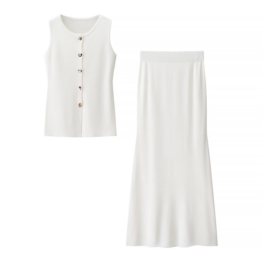 Summer 2025 ZA Fashion Metal Buckle Knit Vest and Slit Midi Skirt Set for Europe and America