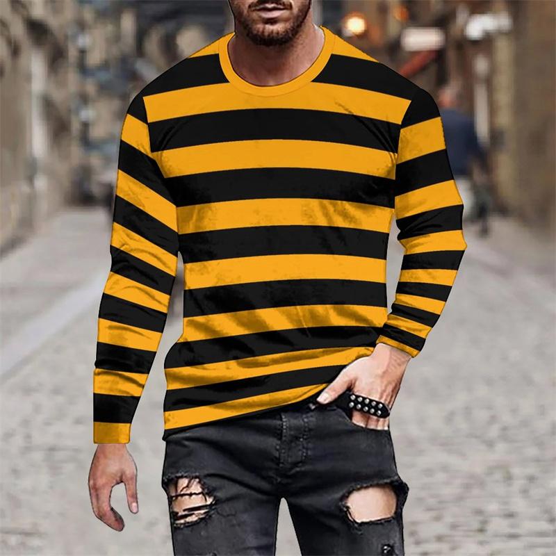 

3D Printed Colorful Striped Pattern Splicing Men s T-shirts Autumn Casual Round Neck Tops Loose Long Sleeve T-Shirts 5XL