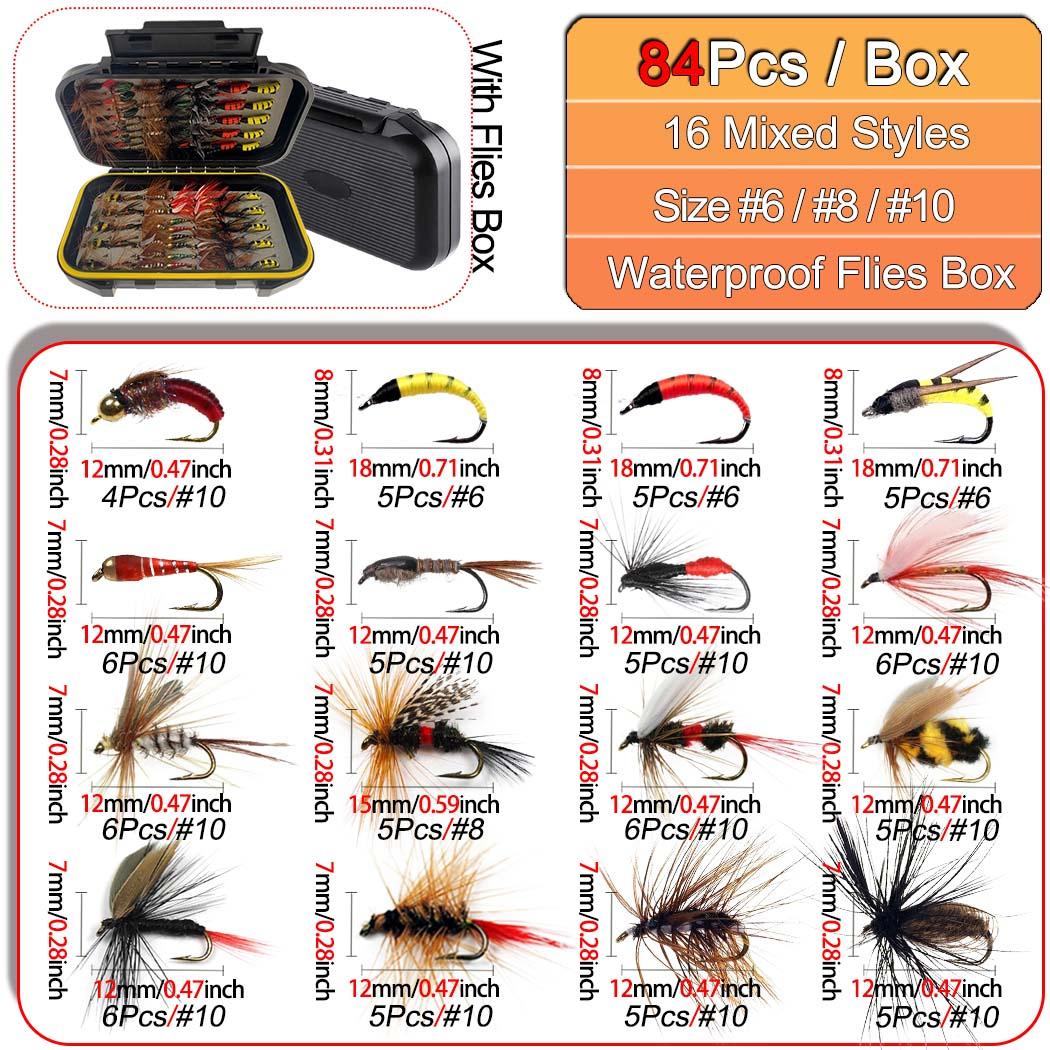 

24-84 шт. Набор искусственных насекомых для ловли форели, хариуса, окуня, лосося, приманки для ловли рыбы 84Pcs-Box(16Mixed Styles)