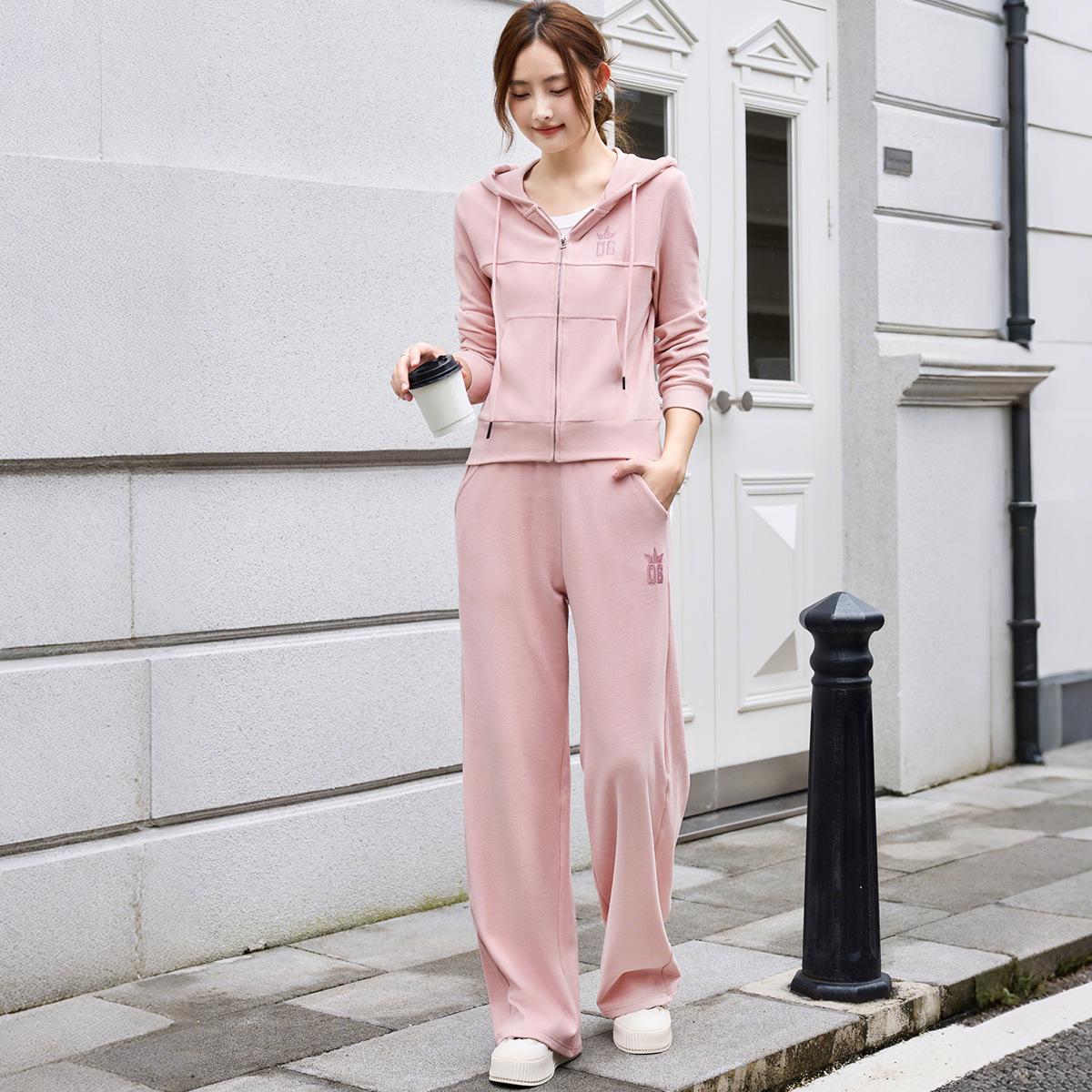 

Women s Autumn 2025 Casual Hooded Jacket & Wide-Leg Pants Set Large рожевий
