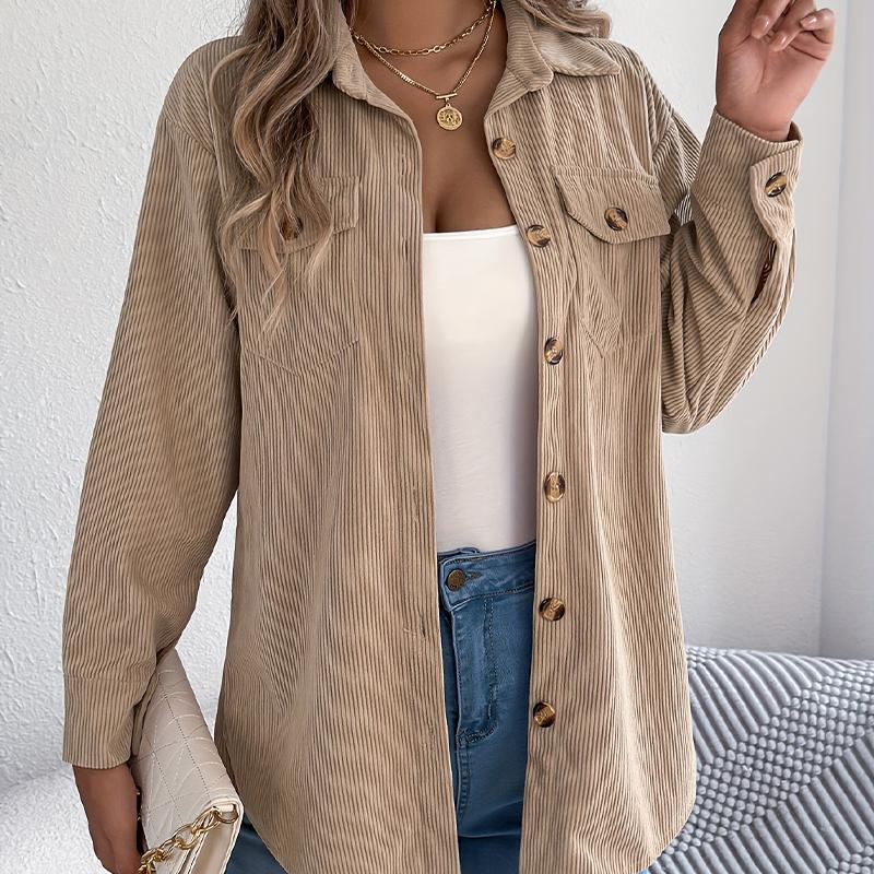 Women's Corduroy Shirt Jacket Stripe Pattern Midi Length Oversized Casual Shacket Fall Winter