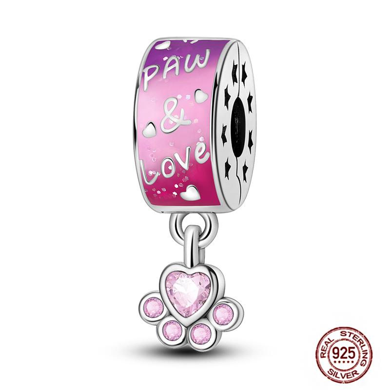 Pink Purple Series Charms Copper Murano Glass Butterfly Animal Paw Print Clasp Charm Beads Fit Original Bracelet Diy Jewelry