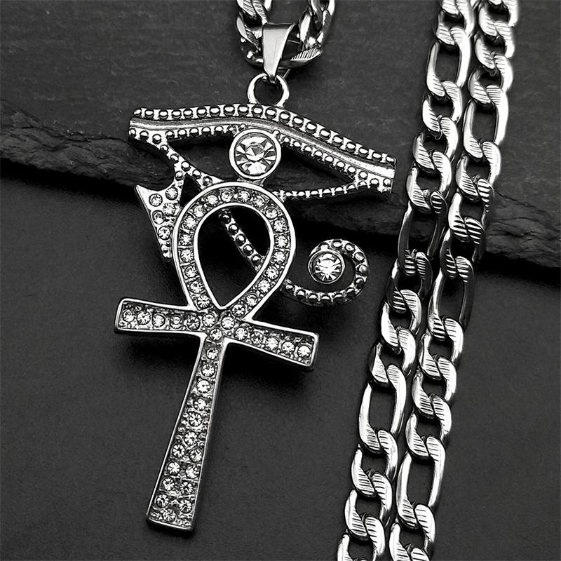 Stainless Steel Eye of Ra Horus Ankh Cross Pendant Necklaces for Women Men Mythology Rhinestones Egyptian Eyes Symbol Jewelry