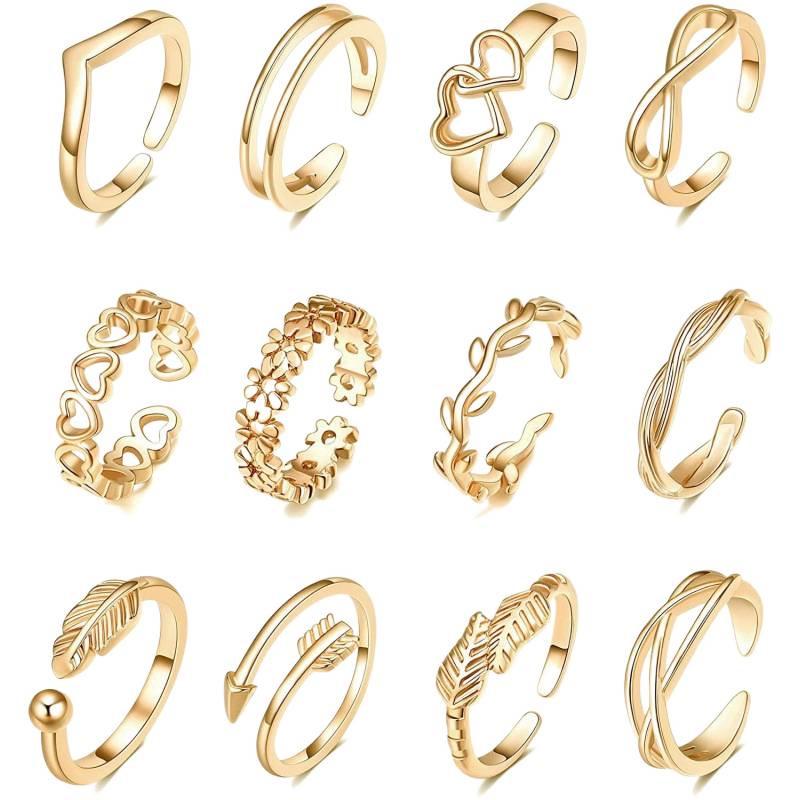 12-Piece Vintage Adjustable Beach Toe and Pinky Rings with Hollow Heart Designs