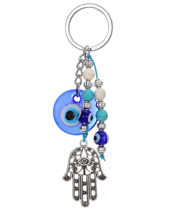 Blue Evil Eye Hamsa Hand Beads Keychain Keyring For Women Men Glass Vintage Round Turkish Eye Fatima Hand Tassel Bag Car Jewelry