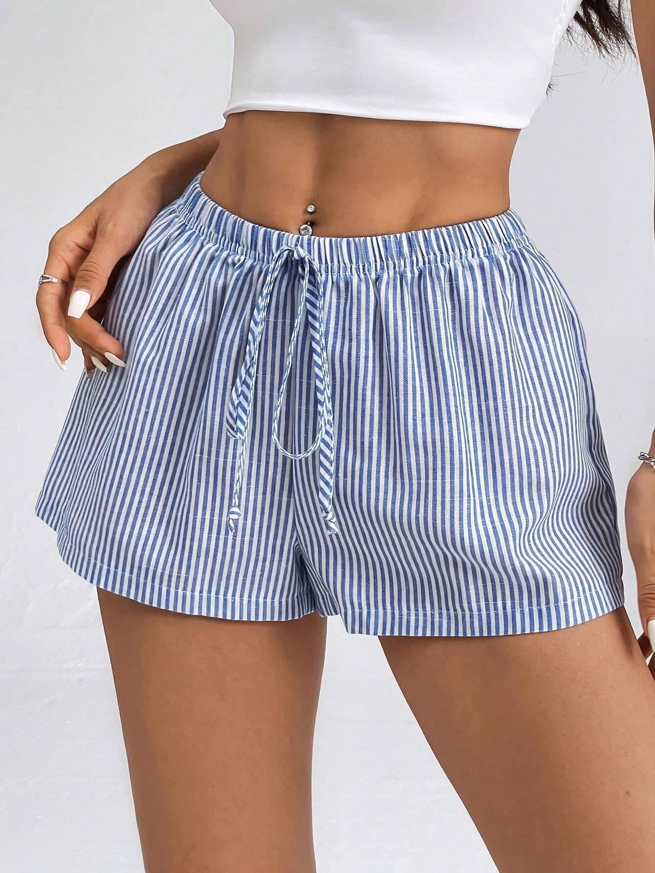 Women s High Waist Striped Lace-up Summer Casual Shorts S розовый