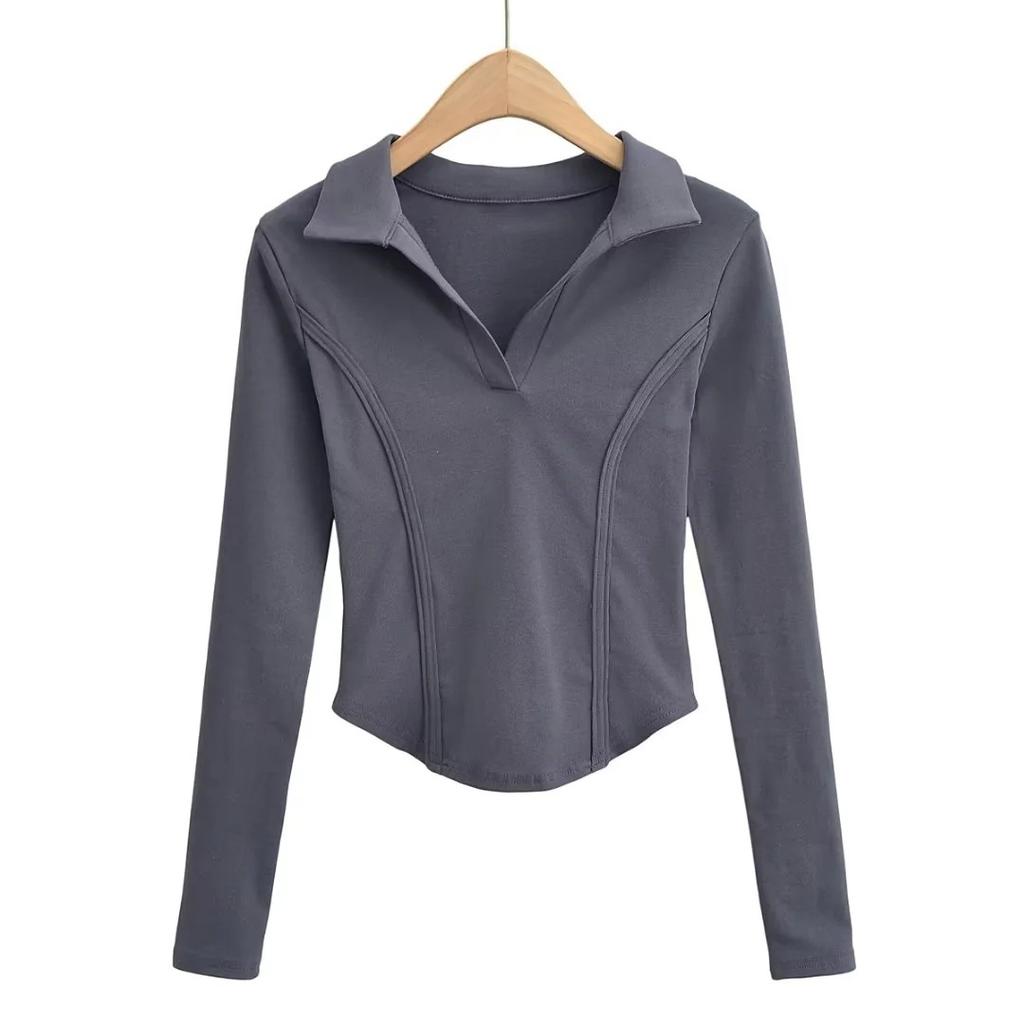 Yeni Tişört Moda Stili POLO Yaka Slim Fit Uzun Kollu Yaka Kısa Kollu Eklemeli Düz Renk Alt Gömleği