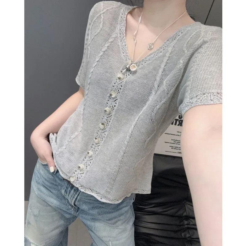 Women s Light Grey Cable Knit Hollow V Neck Short Sleeve Knit Cardigan M серый