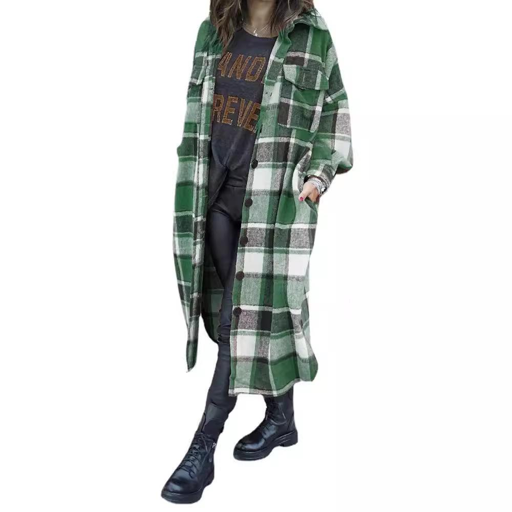 Extended Trench Coat Lapel Side Split Women's Tweed Plaid Coat Women's Coat