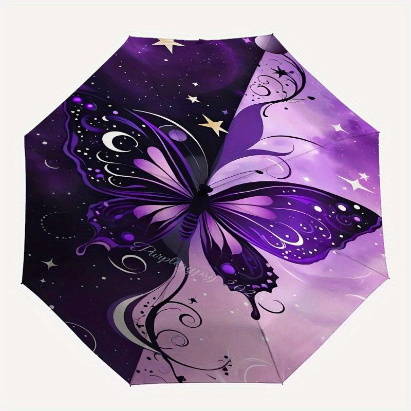 Butterfly, Cosmic Automatic Folding Umbrella 8 Ribs, Durable Iron Frame, Bright Color Pattern Compact Travel Umbrella, Suitable for Outdoor