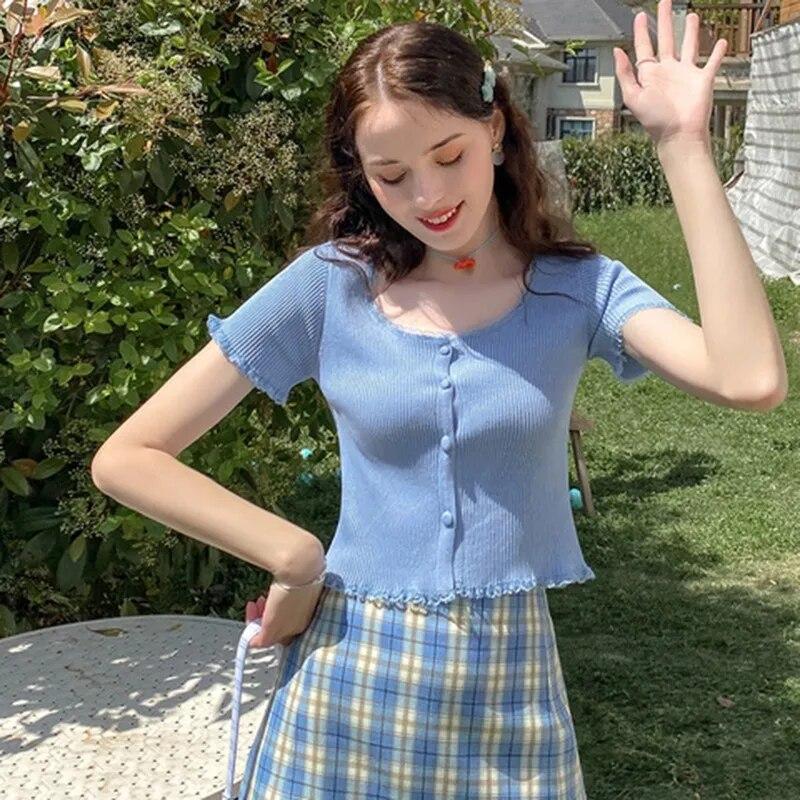 Women's O-neck Button Short Exposed Navel Knitted Short-sleeved T-shirt Cardigan