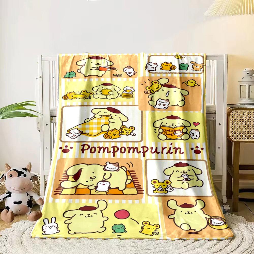 The image features playful scenes of Pompompurin with friends and activities. for all seasons blanket lunch break throw gift