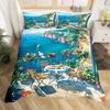 Conjunto de cama com paisagem de cidade litorânea, capa de edredom rústica com flores, estilo costeiro, capa de edredom com cenário de oceano