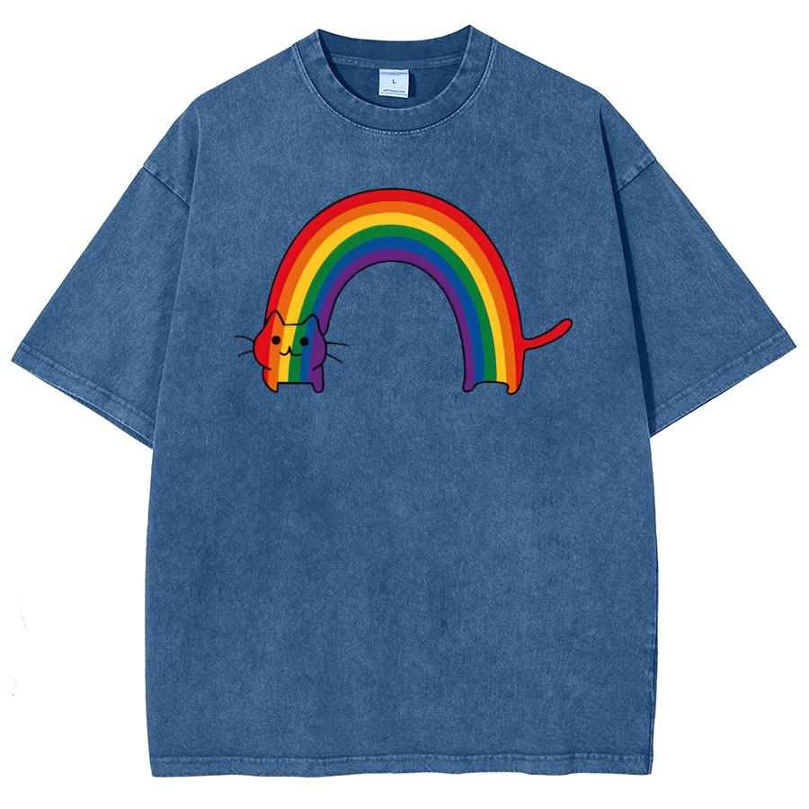 Cartoon Funny Style Rainbow Cat Print Women's T-Shirt Fashion Simple And Cute Short Sleeve Wash Loose Retro Crew Neck