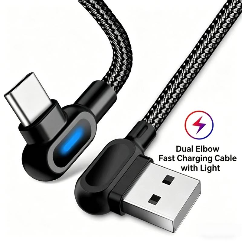 Double Angled USB C Charging Cable Fast Speed Data Sync Reinforced Braided Cord For Phones And Tablets