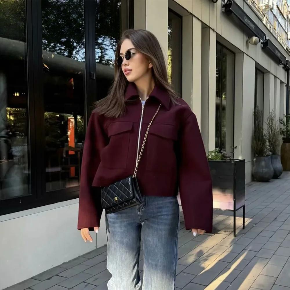 Autumn Winter Casual Women Wine Red Jackets Fashion Streetwear Zipper Pockets Turn Down Collar Chic Ladies Jackets