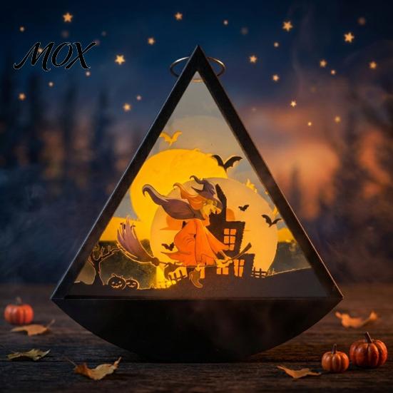 Halloween Gift for Kids Triangle LED Lantern, Tumbler Shape Night Light with Witch Ghost Paper Carving Silhouette Lights Pumpkin, Battery Operated