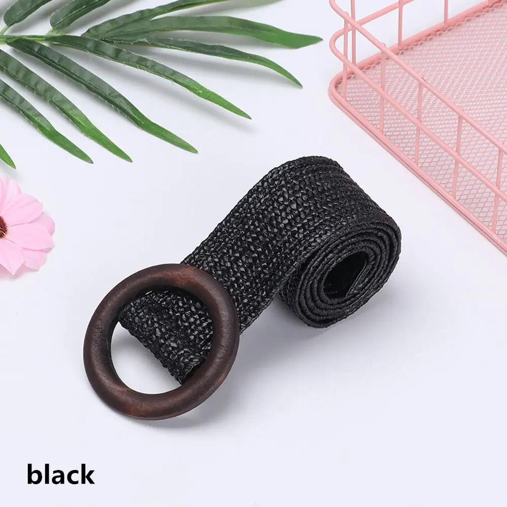 Round Wooden Buckle Dress Belt For Women Elastic Straw Belt Casual Braided Wide Strap Woven Girls PP Fashion Female Designer