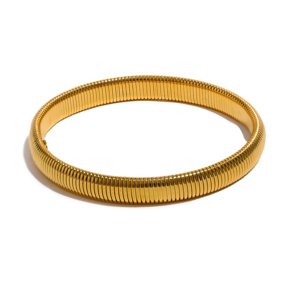 

Yhpup Waterproof Stainless Steel Elastic Thick Metal Bracelet Bangle 18K Gold Plated Trend Fashion Unisex Jewelry Men Women