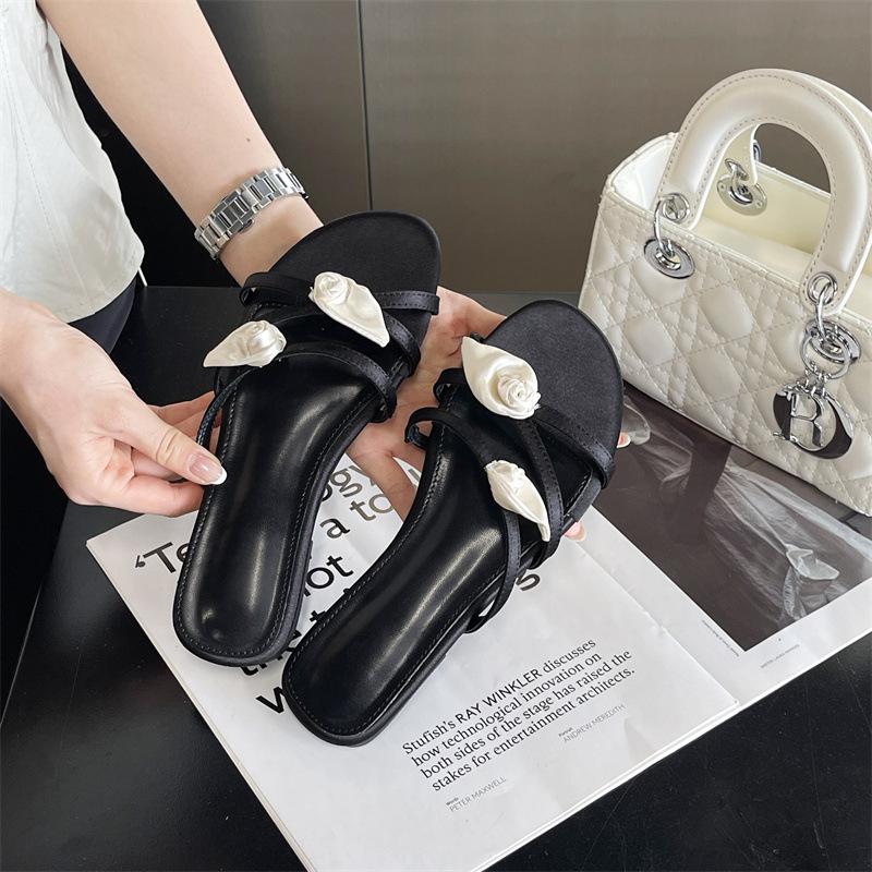 2025 New Fashion Flat-bottomed Flower One-word Flat-bottomed Slippers Women's Shoes