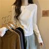 Women's Slim Fit Long Sleeve Herringbone T-Shirt - Round Neck, White, for Spring, Autumn, and Winter.