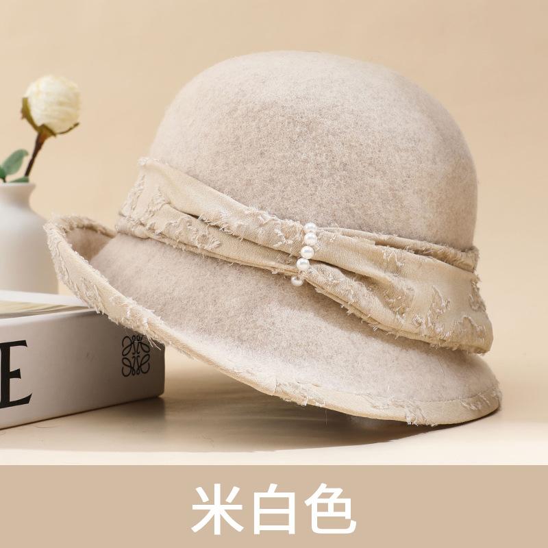 Wool Pot Hat Jacquard Velvet Ribbon Hat Women's Autumn and Winter Elegant Fashion Top Hat Shows Small Face