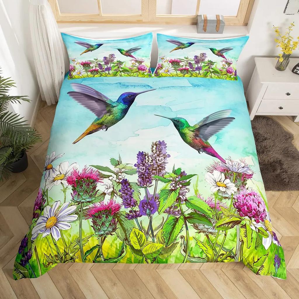 Kolibri Bettbezug-Set Doppelgröße Mädchen Gartenvögel Bauernhaus Blume Floral Bettwäsche-Set Kolibri-Liebhaber Bettdeckenbezug