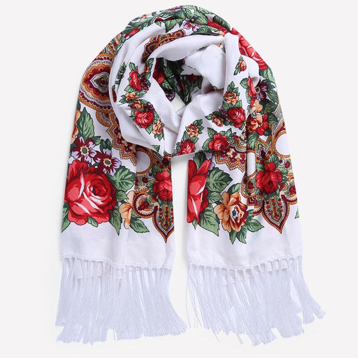 Ethnisch Stil Blumenmuster Russischer Schal Damen Luxus Blumenbedrucktes Bandana Strandtücher Retro Fransen Winter Pashmina Schal