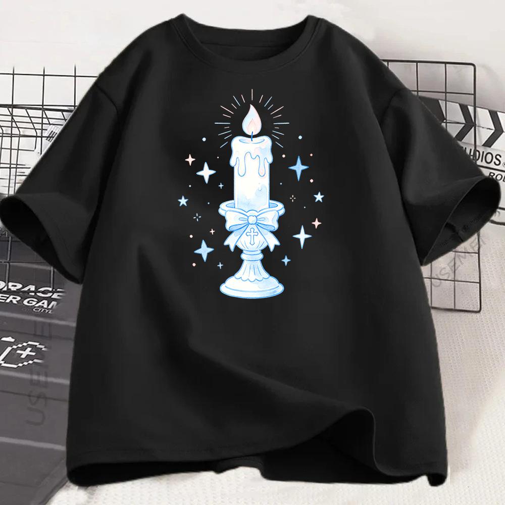 Kawaii Candle Graphic T Shirt Women Cute Blue Bow Candle Print Tee Gothic Aesthetic Short Sleeve Casual Loose Top Women Clothes