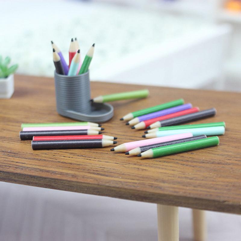 1 Set 1:12 Dollhouse Miniature Dollhouse Pen Holder+6 Colored Pencils Set Doll Home Decor Pretend Play Dollhouse Stationery Toys