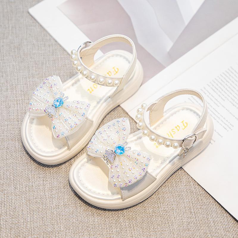 Kids Rhinestone Bow Pearl Strap Thick Sole Sandals 26