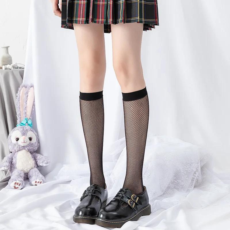 Sexy Mesh Women Stockings Gothic Fishnet Summer Women Tights Underwear JK Lolita Girls Solid Color Knee High Long Socks Lingerie
