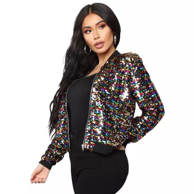 Damen Bomberjacke mit Farbverlauf, Pailletten, Baseballjacke mit Perlenstickerei, Reißverschluss und Pilotenmantel, Bühnenshow, Tanz-Outwear