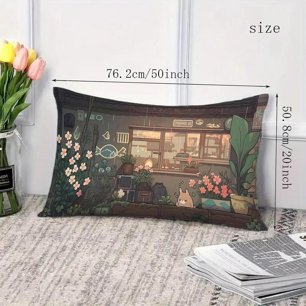 Japanese Anime Pillowcase Kawaii Cat Cute Pillow Case Green Plants Rectangular Cute Pillow Covers 20"x 30" Inch Pillowcases with Hidden Zipper Sofa