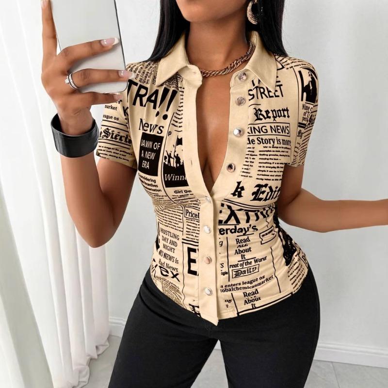 Women Summer Fashion Newspaper Print Button Down V Neck Shirt Blouse