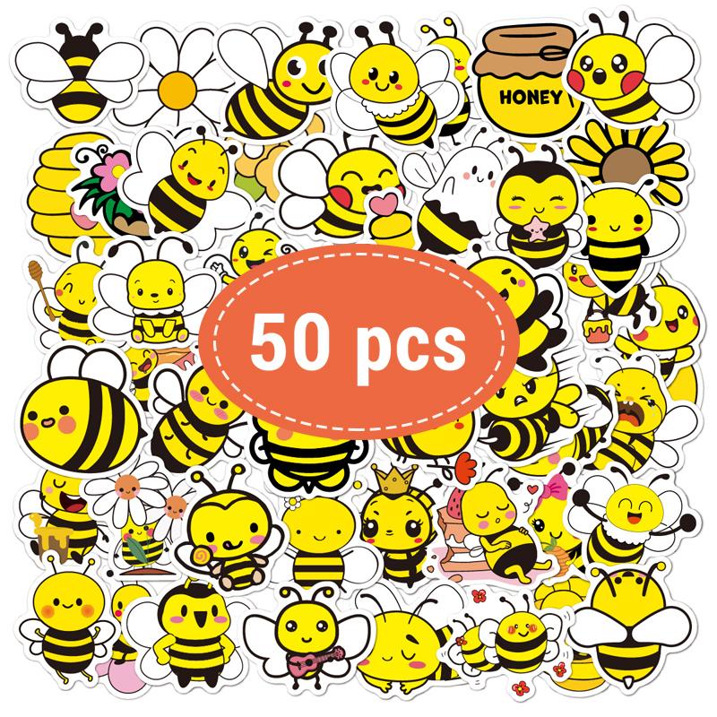 

50 Pcs Bee Stickers Cute Cartoon Yellow Vinyl Waterproof Bee Animal Stickers for Water Bottles, Laptop, Package, Luggage