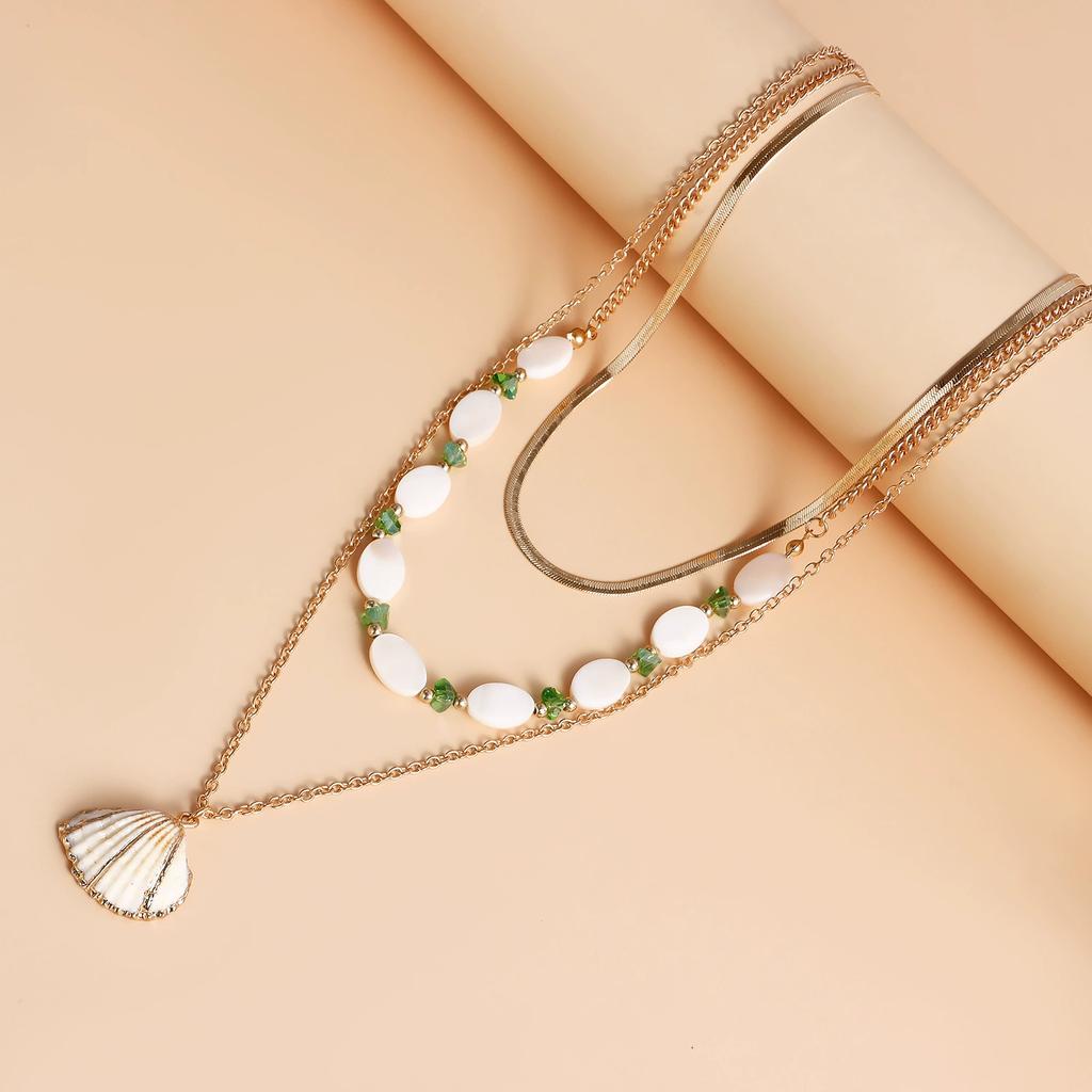 Ocean Wind Shell Multi-layer Stacked Necklace, Retro Vacation Oval Fritillary Beaded Necklace