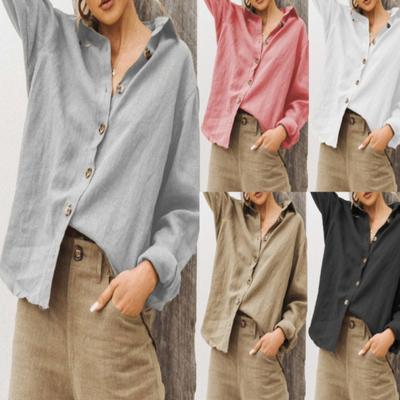 Moda Tamanho Grande Gola Manga Longa Blusa Casual Algodão Linho Solta Camisa Feminina