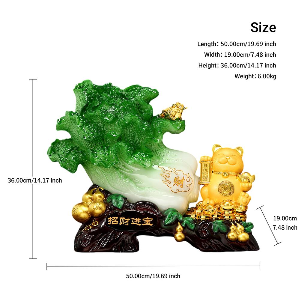 Aris & Juno Lucky Cabbage & Fortune Cat Statue, Resin Feng Shui Figurine for Wealth & Prosperity, Home Office Decor, Business Gift