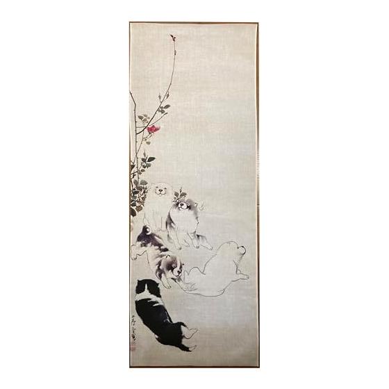 Tenugui Towel - Nagasawa Rosetsu "Roses, Butterflies, and Dogs" Vertical Pattern, 100% Cotton, Japan's Finest Tokka Fabric